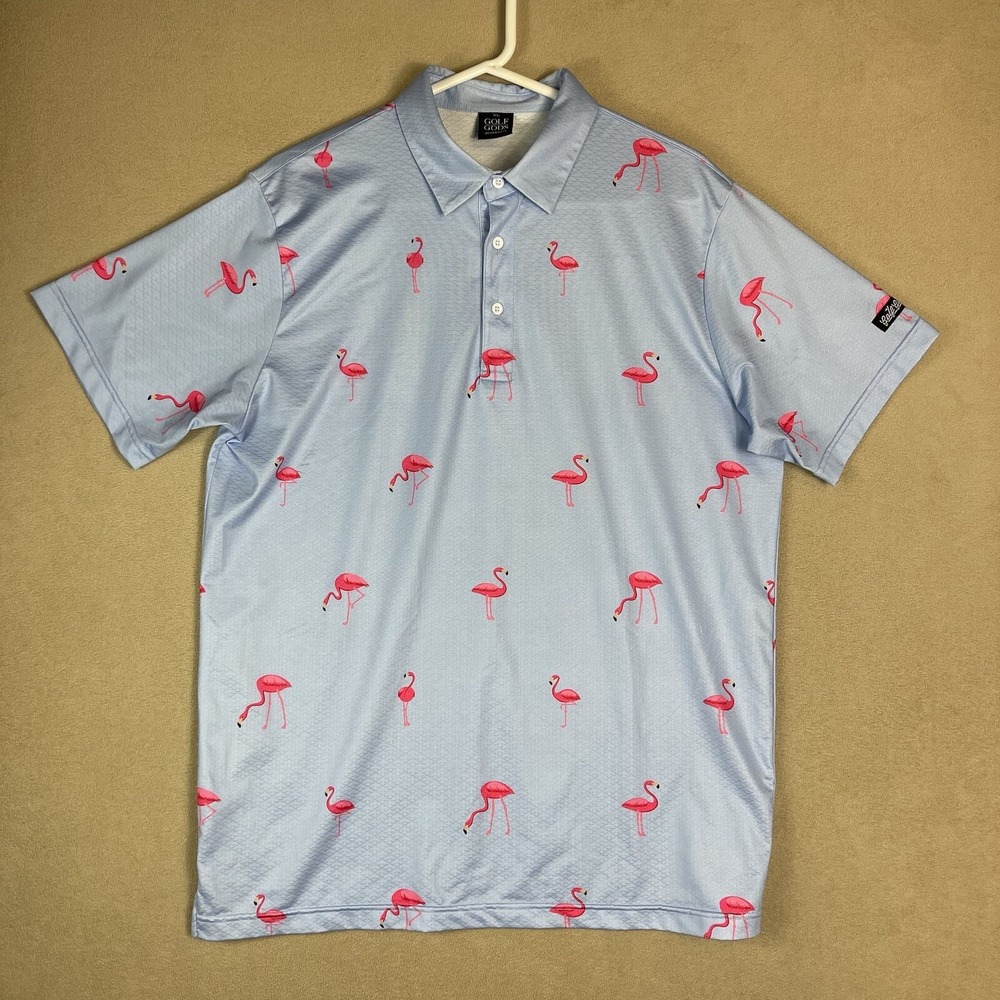 Golf Gods Polo Shirt Mens Extra Large Blue Flamingo Golf Rugby Preppy Slit Adult